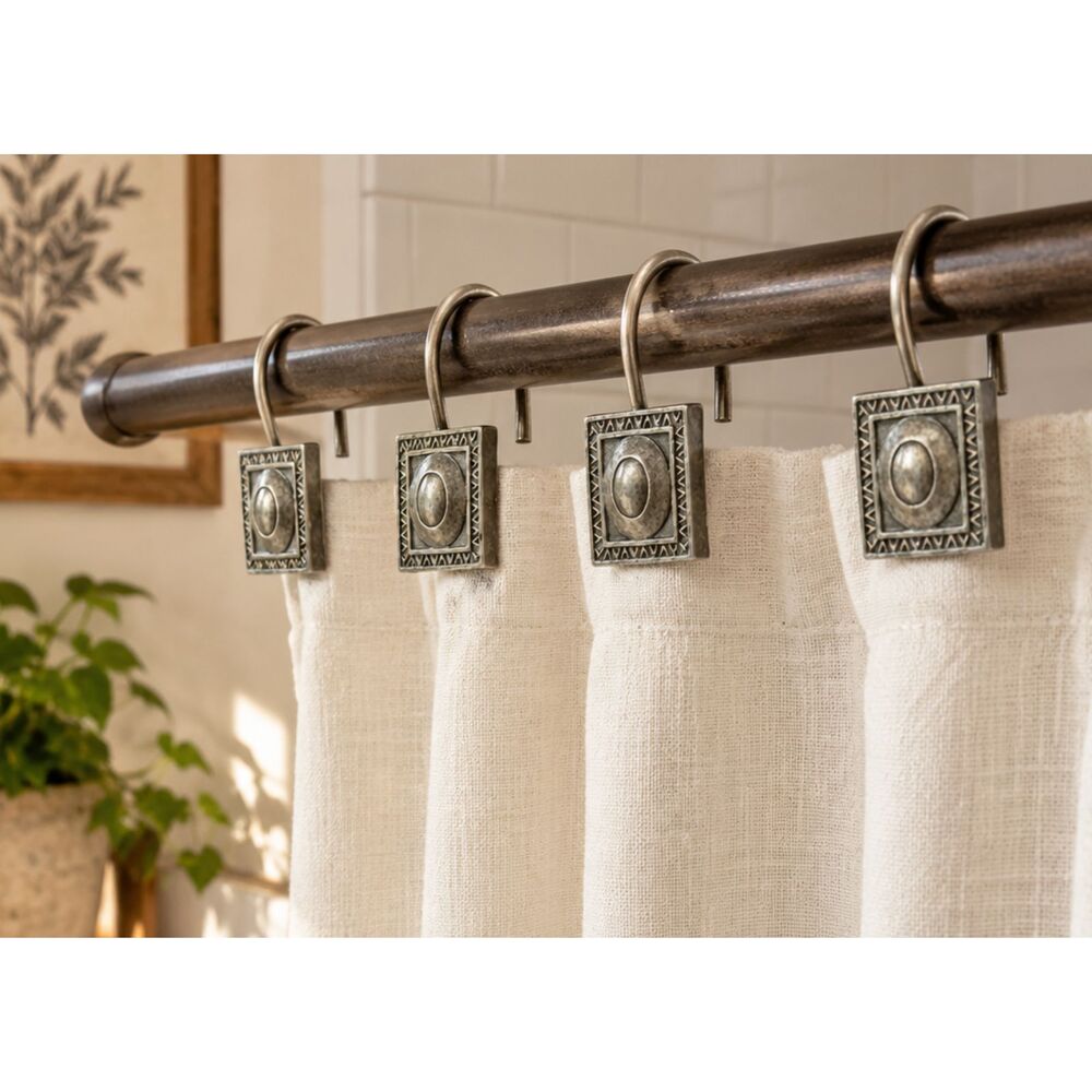 12 pcs vintage Silver Square Shower Curtain Hooks Rustic Boho Bath Decor